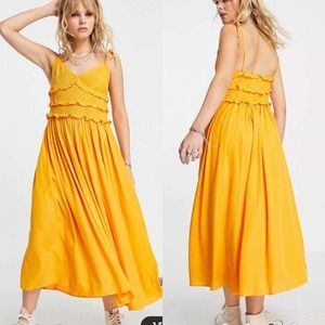 Topshop Shirred Ruffle Sleeveless Midi dress Ochre Size 10